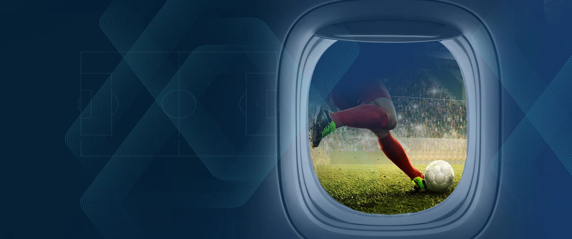 Soccer player kicking a soccer ball through a plane window.